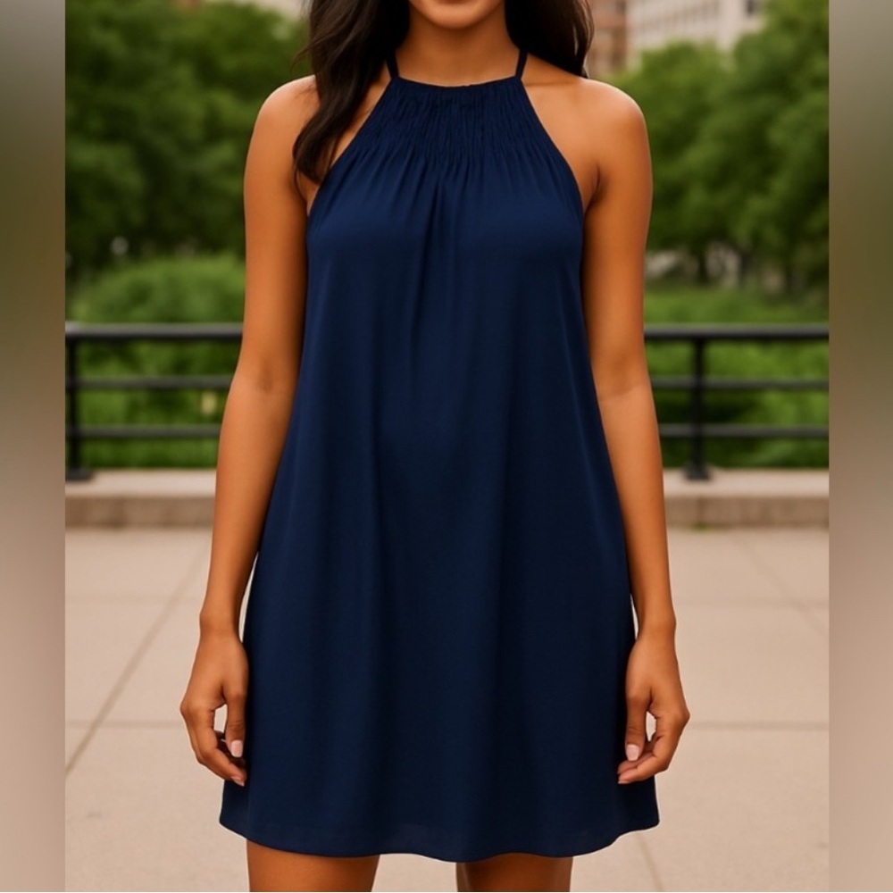 Everly Navy Blue Halter Dress Size Medium – Sleeveless High Neck Smocked Detail